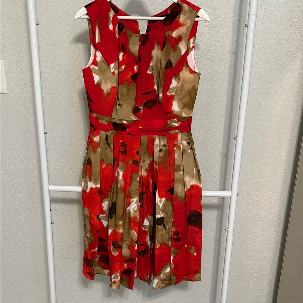 Ellen Tracy Vibrant Red and Brown Sleeveless Dress - Picture 3 of 10